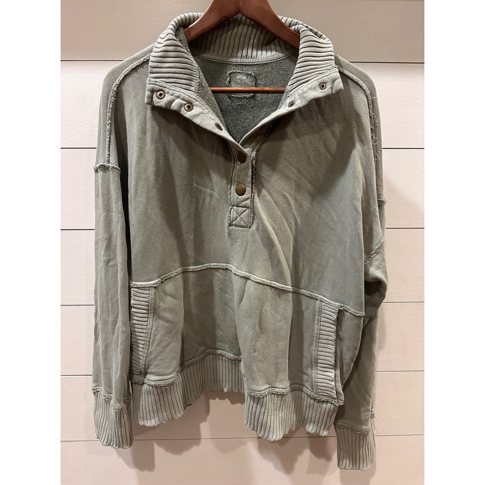 Aerie AEO Sage Green Quarter Snap Pullover Sweatshirt Distressed Seam Small